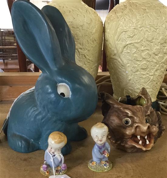 Bretby grotesque cats head pot (a.f), a large Sylvac blue rabbit & two Wade Blynken